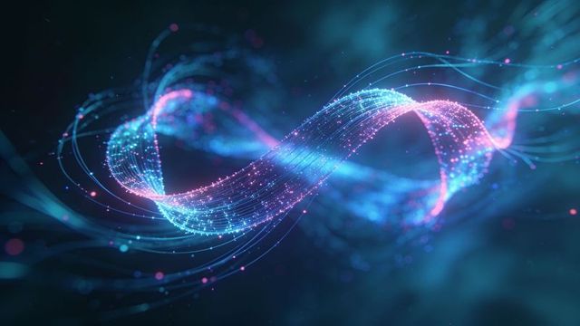 Glowing particle ribbon streaming neon light waves in fluid digital motion