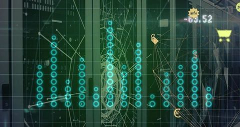 Futuristic data center network visualization with cybersecurity lock icons and analytics