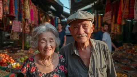 Elderly Couple Exploring Busy Market Stalls Smiling, Connecting, Shopping Fresh Produce