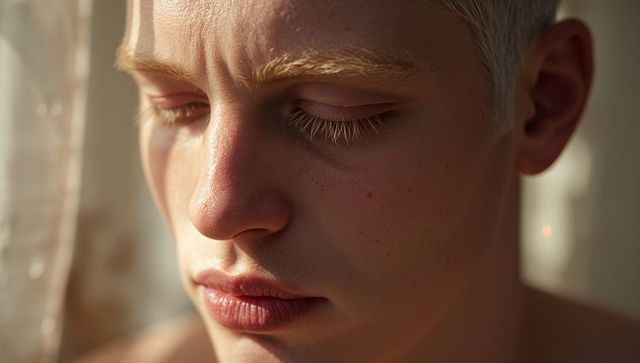 Adolescent male soaking warm window sunlight closeup portrait highlighting skin texture