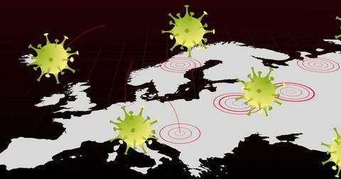 Coronavirus Particles Illustrating Global Spread on Europe Map