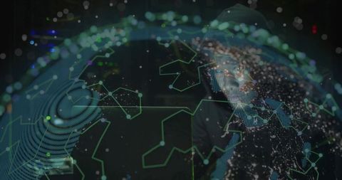 Projecting Holographic Globe Network with Businessman Observing Green Node Grid