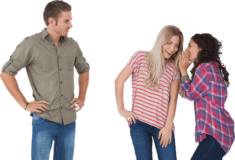 Two Women Whispering Secrets Leaving Man Outside Transparent