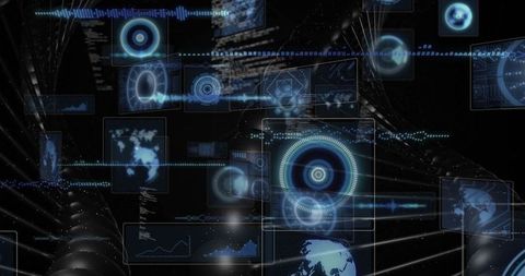 Futuristic holographic interfaces floating in dark cyberspace