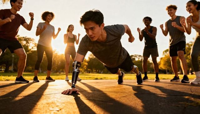Amputee athlete performing push-up with prosthetic arm and leg while diverse team cheers at sunset