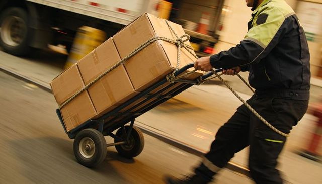 Pushing hi vis worker transporting tied cardboard boxes on hand truck with cargo truck