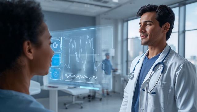 Doctor consulting patient with holographic ecg display in futuristic medical clinic