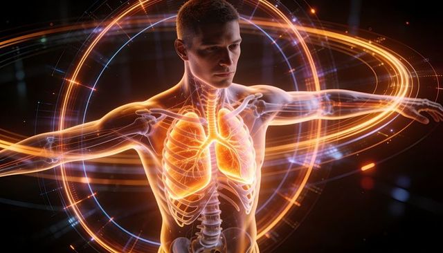 Holographic male torso with illuminated lungs and spine futuristic medical visualization