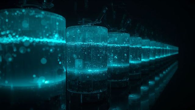 Futuristic neon cylindrical biotech vats emitting teal liquid and rising bubbles reflective