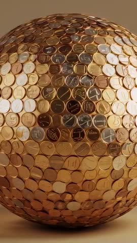 Vertical video: Rotating copper-disc sphere glowing with warm metallic light