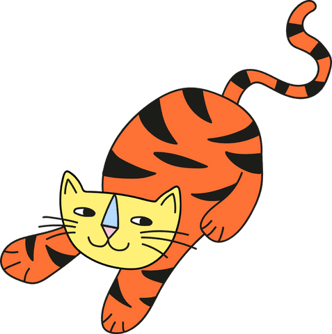 Playful cartoon tabby cat crouching with bold stripes on transparent background