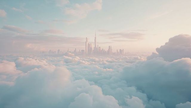 Futuristic city skyline rising through cloudy morning ambiance