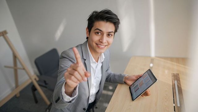 Smiling business professional pointing while holding tablet showing charts at modern desk
