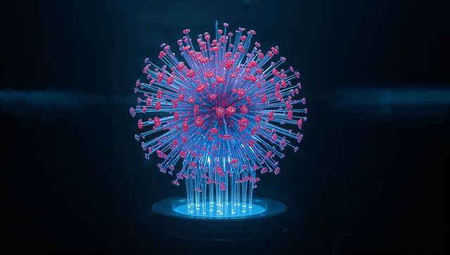 Holographic neon molecular sphere floating above stand with glowing radial nodes