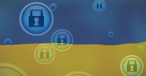 Digital locks floating with abstract ukraine flag background