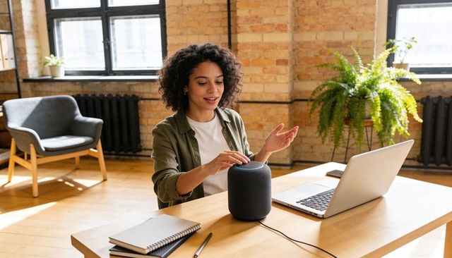 Remote worker using smart speaker for hands-free control while working in modern loft office