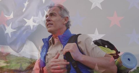 Patriotic Senior Exploring the Outdoors with Confidence