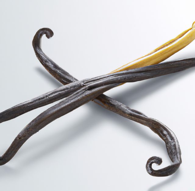 Close up of vanilla pods on white background created using generative ai technology. Seasoning and flavour concept, digitally generated image.