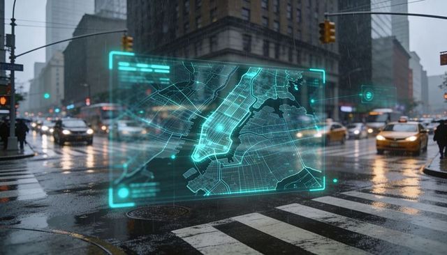 Cyan holographic city map projecting over rainy crosswalk with taxis and reflections