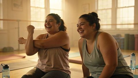 Smiling women laughing and stretching arms after yoga class in sunlit community studio