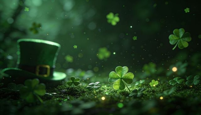 Glowing four-leaf clover on moss with leprechaun hat and magical fairy dust