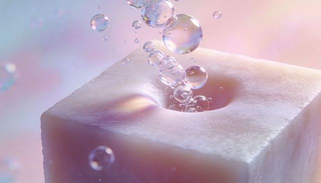 Rising iridescent bubbles floating from pale sheer cube with soft bokeh and gloss finish