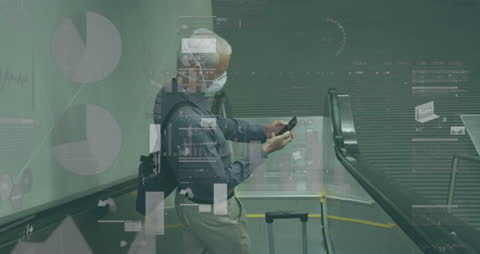 Businessman Analyzing Data on Escalator with Holographic Charts