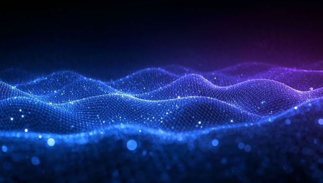 Flowing neon wireframe wave with glowing particles and futuristic blue-purple gradient