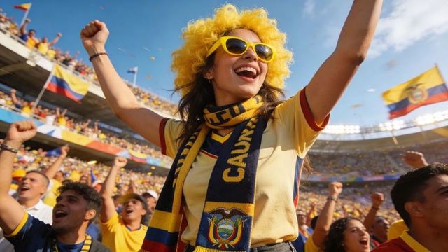 Ecuador soccer fan cheering in yellow wig and scarf at packed stadium
