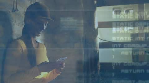 Female Engineer Analyzing Data on Smartphone with Digital Interface