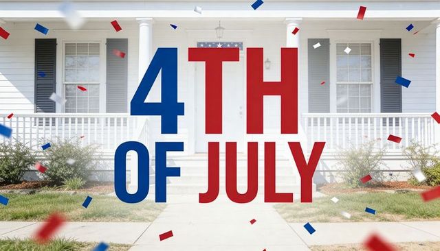4th of july porch celebrating with patriotic confetti and bold red-blue typography