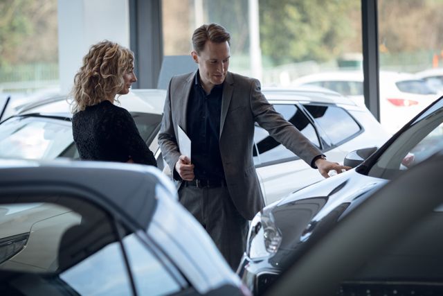 Confident salesman showing car to customer in showroom - Download Free Stock Photos Pikwizard.com