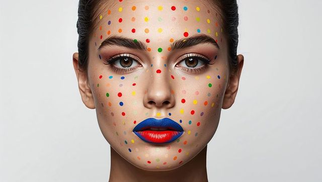 Close-up female portrait with multicolored polka-dot makeup and two-tone blue-red lips
