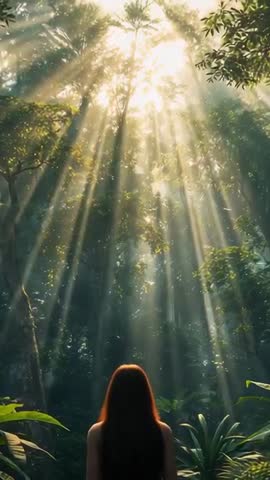 Woman Walking into Sunlit Rainforest Canopy, Stopping to Face Golden Sunbeams Vertical Video