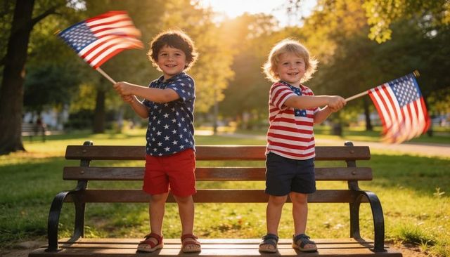 Two children waving american flags on park bench at golden hour celebrating patriotism