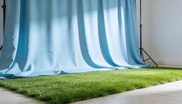 Blue backdrop studio showcasing rectangular artificial turf rug on tiled floor with stands