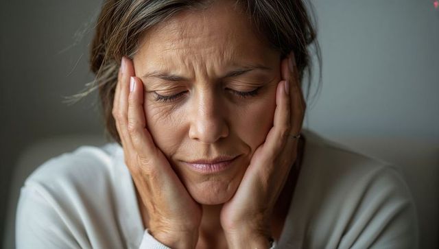 Middle-aged woman pressing temples experiencing stress and fatigue closeup portrait