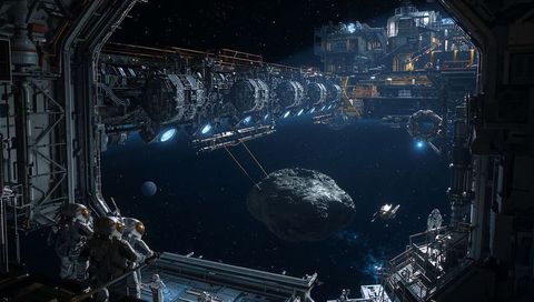 Modular orbital mining station tethering asteroid with eva crew and docking platforms
