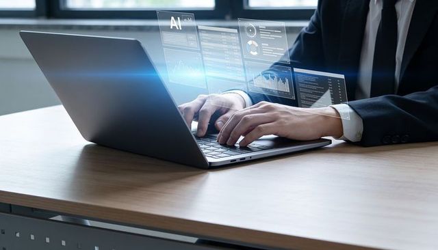 Typing business professional with ai holographic dashboards and real-time data analytics