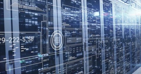 Futuristic Data Overlays and LED-lit Server Racks in a Modern Data Center