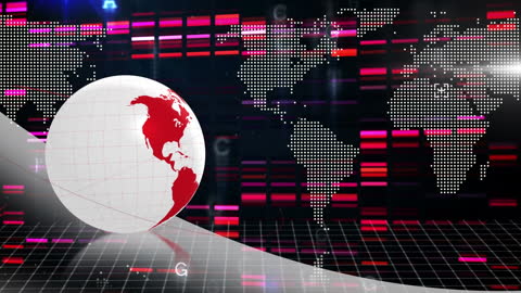 This animated scene showcases a digital globe alongside a world map against a dark, technologically-themed background. Glowing digital lines enhance the futuristic design, suggesting themes of global networks, data processing, and advanced technology. Ideal for conveying concepts in global communication, international connectivity, or tech innovation. Useful for technology seminars, digital innovation events, or academic presentations on networked systems.