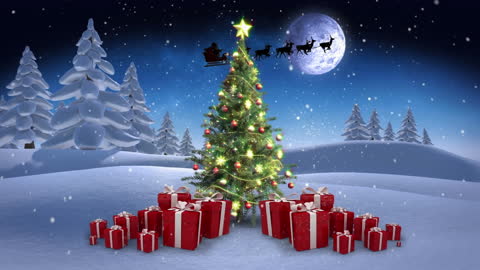 Festive Christmas Night with Santa Sleigh and Decorative Tree