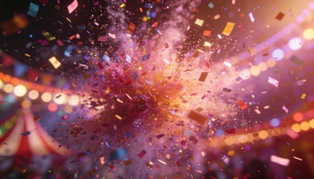 Bursting confetti explosion filling festival sky with glitter, bokeh, carnival lights
