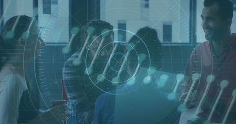 Futuristic interface overlaid on diverse team discussing innovation