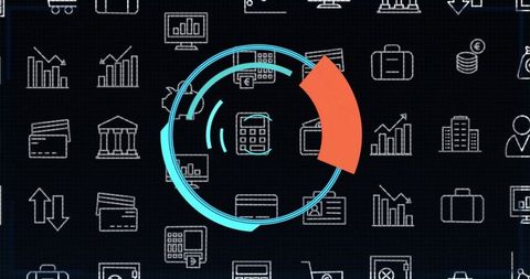 Rotating neon hud dashboard highlighting calculator icon over financial icon grid