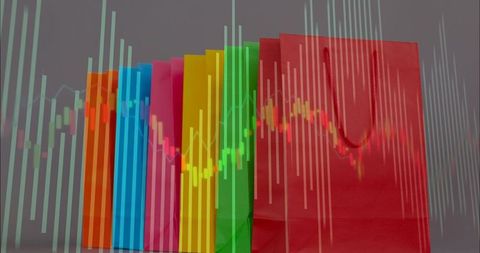 Colorful retail bags showing candlestick chart overlay representing shopping market trends