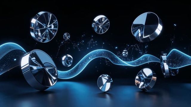 Futuristic abstract with floating metal discs and neon wave