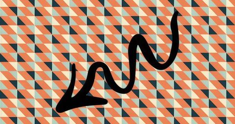 Bold black curved arrow pointing across retro chevron triangle pattern for modern branding