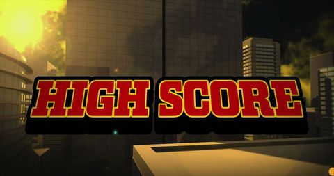 High score overlay on modern urban landscape