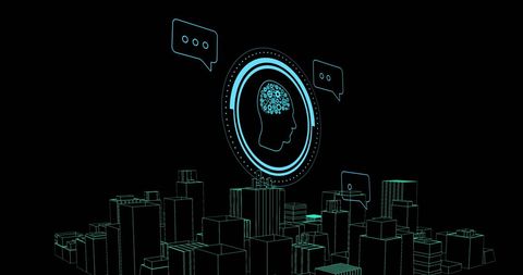 Ai brain icon over digital cityscape symbolizing innovation